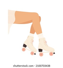 Women's legs in roller skates. Woman skating shoe with pink wheels. Vector illustration in cartoon style. Isolated on white background.
