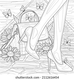 Women's legs with shoes, bag and flowers.Coloring book antistress for children and adults. Illustration isolated on white background. Zen-tangle style. Hand draw