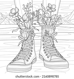 
Women's legs in sneakers with flowers.Coloring book antistress for children and adults. Illustration isolated on white background.Zen-tangle style. Hand draw