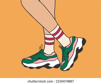 Women's legs in sneakers  Style  street fashion  Hand  drawn cartoon  Template for sales  poster  placard 