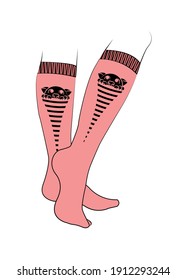 Women's legs in socks. There is a drawing of a kitten on the golfs. Close-up. Multi-colored image on a white background. There is a dark outline. Design element. Vector illustration.