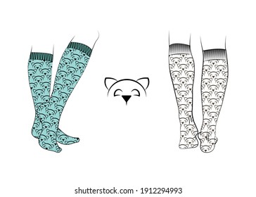 Women's legs in socks. There is a drawing of a kitten on the golfs. Close-up. Multi-colored image on a white background. There is a dark outline. Design element. Vector illustration.