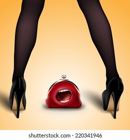 women's legs in stockings and shoes with lost red purse 