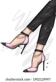 Women's legs in stylish high-heeled shoes and trousers. Fashion and style, clothing and accessories. Vector illustration.
