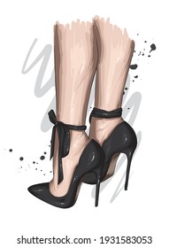 Women's legs in stylish high-heeled shoes. Fashion and style, clothing and accessories. Vector illustration.