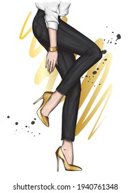 Women's legs in stylish high-heeled shoes and trousers. Fashion and style, clothing and accessories. Vector illustration.
