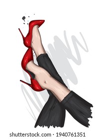 Women's legs in stylish high-heeled shoes and trousers. Fashion and style, clothing and accessories. Vector illustration.
