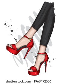 Women's legs in stylish high-heeled shoes and trousers. Fashion and style, clothing and accessories. Vector illustration.
