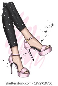 Women's legs in stylish high-heeled shoes and trousers. Fashion and style, clothing and accessories. Vector illustration.
