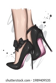 Piernas femeninas en elegantes zapatos de tacón alto. Moda y estilo, ropa y accesorios. Ilustración vectorial.