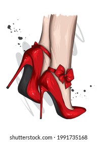 Women's legs in stylish high-heeled shoes. Fashion and style, clothing and accessories. Vector illustration.