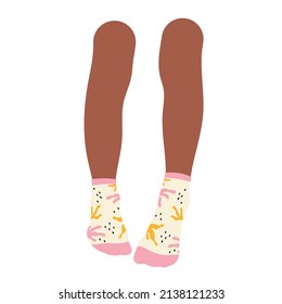 Women's legs in stylish pink socks. Underwear with trendy, colorful  prints. Footwear, cotton socks. Fashion accessories for everyday wearing. Isolated vector illustration
