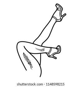 Women's legs with tattoo design. Vector flat outline icon illustration isolated on white background.
