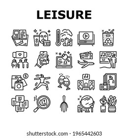 Womens Leisure Time Collection Icons Set Vector. Karaoke And Yoga, Massage And Spa, Reading Books And Listening Music, Shopping And Journey Leisure Black Contour Illustrations