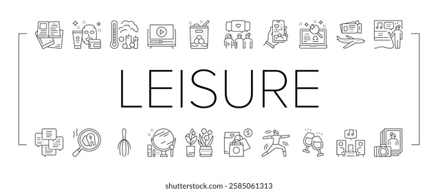 Womens Leisure Time Collection Icons Set Vector. Karaoke And Yoga, Massage And Spa, Reading Books And Listening Music, Shopping And Journey Leisure Black Contour Illustrations