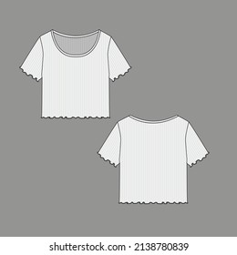 Womens Lettuce hem Crop Top  round neck ribbed t shirt blouse flat sketch technical drawing template design vector