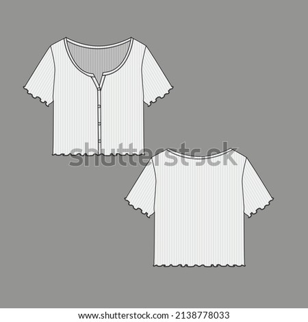 Womens Lettuce hem Ribbed Crop Top henley full open button panel placket t shirt blouse flat sketch technical drawing template design vector