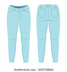 Women's light blue jeans. Front and back views on white background