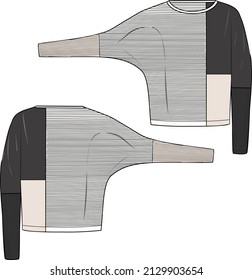 Women's Links Stitch, Color-block Batwing Sweater- Sweater technical fashion illustration. Flat apparel sweater template front and back, colored. Women's CAD mock-up.