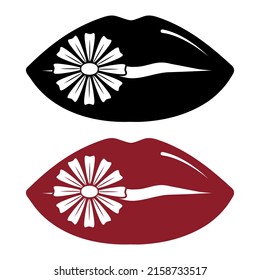 labios de mujeres con camomila. icono de esténcil, garabato. Ilustración vectorial de los labios de una mujer sexy. Sonreír, besar