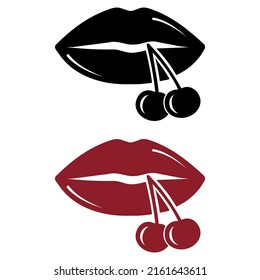 women's lips with cherry. stencil icon, doodle. Vector illustration of sexy woman's lips. Smile, kiss