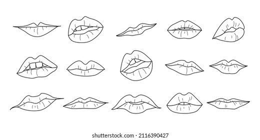 Women's lips of different shapes and thicknesses set. Doodle female mouth collection. Vector illustration in hand drawn sketch style isolated on white background