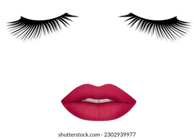 Women's lips and eyelashes. Sensual and seductive female lips with dark red lipstick and long black eyelashes on a white background. Cosmetics and beauty concept