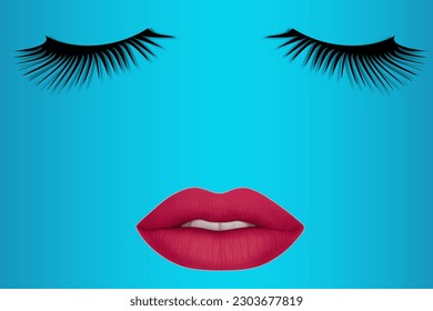 Lippen und Wimpern für Frauen. Sensible und verführerische weibliche Lippen mit dunkelrotem Lippenstift und langen schwarzen Wimpern auf blauem Hintergrund. Kosmetik- und Beauty-Konzept
