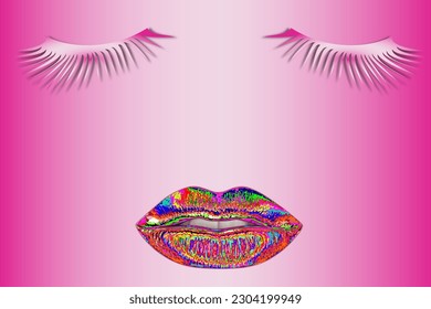 Lippen und Wimpern für Frauen. Sensible und verführerische weibliche Lippen mit buntem Lippenstift und langen Wimpern auf pastellrosa Hintergrund. Kosmetik- und Beauty-Konzept