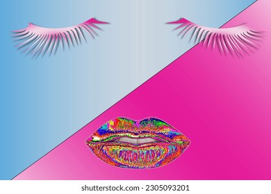 Women's lips and eyelashes. Sensual and seductive female lips with colorful lipstick and long eyelashes on a blue-pink background. Cosmetics and beauty concept