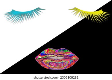 Lippen und Wimpern für Frauen. Sensible und verführerische weibliche Lippen mit buntem Lippenstift und langen Wimpern auf schwarz-weißem Hintergrund. Kosmetik- und Beauty-Konzept