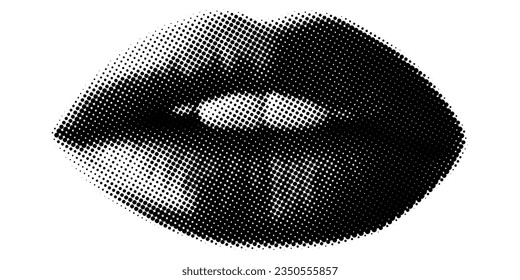 Women's lips in halftone texture. Trendy grunge style. Isolated collage element for social media, poster design and more. Vector design.