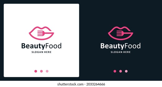 el logo de los labios de las mujeres, la inspiración y el logotipo de cubiertos. vectores premium.