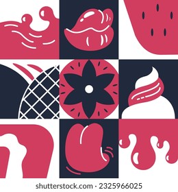 Women's lips. Protruding tongue. Refreshing juice from freshly squeezed berries. Seamless pattern with ice cream in a waffle cone in geometric style. Print for textiles. Strawberry jam