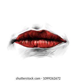 women's lips with red lipstick without emotion, sketch vector graphic