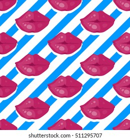 Womens lips seamless pattern. Sensitive mouth with bright lipstick flat vector illustration on black and white stripes background. For wrapping paper, greeting cards, invitations, print design