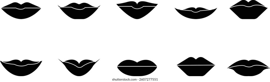 women's lips silhouettes vector icon set, lip logo design. Sexy female lips symbols. Modern pop art style, Simple flat vector design isolated on transparent background, expressing different emotions,