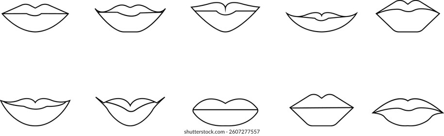 women's lips silhouettes vector icon set, lip logo design. Sexy female lips symbols. Modern pop art style, Simple flat vector design isolated on transparent background, expressing different emotions,