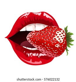 women's lips with  strawberry