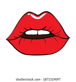 Women's lips Vector icon for print. Illustration of lips with red lipstick on a white background