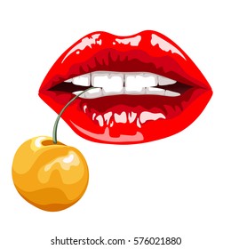women's lips with yellow cherry 