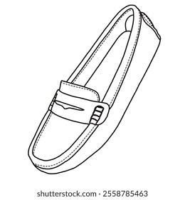 Women's Loafer Comfort Slip-On Fashion Boat Shoes Line art, Technical sketch hand drawing outline vector doodle 3D isometric view isolated on white background for coloring page