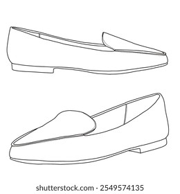 Deslizamento plano de sapato feminino na arte da linha de sapatos, esboço técnico mão desenho esboço vetor doodle 3D isométrica vista lateral isolada no fundo branco para colorir página