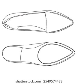 Deslizamento plano do loafer feminino em sapatos Line art, esboço técnico mão desenho esboço vetor doodle vista superior e inferior isolada no fundo branco para colorir página