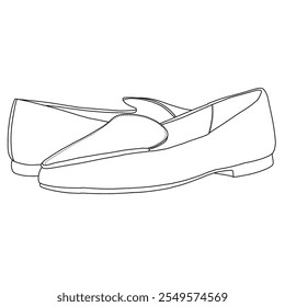 Deslizamento plano do loafer feminino em sapatos Line art, esboço técnico mão desenho contorno vetor doodle lado e vista traseira isolado no fundo branco para colorir página