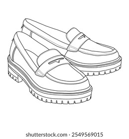 Mulheres Loafer Pairs Slip On Shoes Line art, esboço técnico mão desenho esboço vetor doodle 3D isométrica vista lateral isolada no fundo branco para colorir página