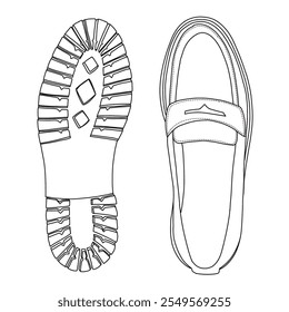 Mulheres Loafer Pairs Slip On Shoes Line arte, esboço técnico mão desenho contorno vetor doodle vista superior e inferior isolada no fundo branco para colorir página