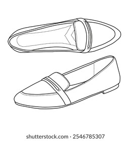 Deslizamiento del mocasín de las mujeres en los zapatos planos del ballet Arte de línea, bosquejo técnico dibujando a mano el contorno del doodle del Vector lado isométrico y vista superior aislada en el fondo blanco