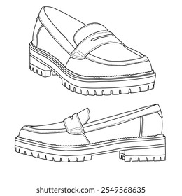 Slip Loafer feminino em sapatos Line art, esboço técnico mão desenho esboço vetor doodle 3D isométrica vista lateral isolada no fundo branco para colorir página