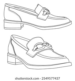 Women's Loafer Slip On Shoes Line art, Technical sketch hand drawing outline vector doodle  3D isometric side view isolated on white background for coloring page